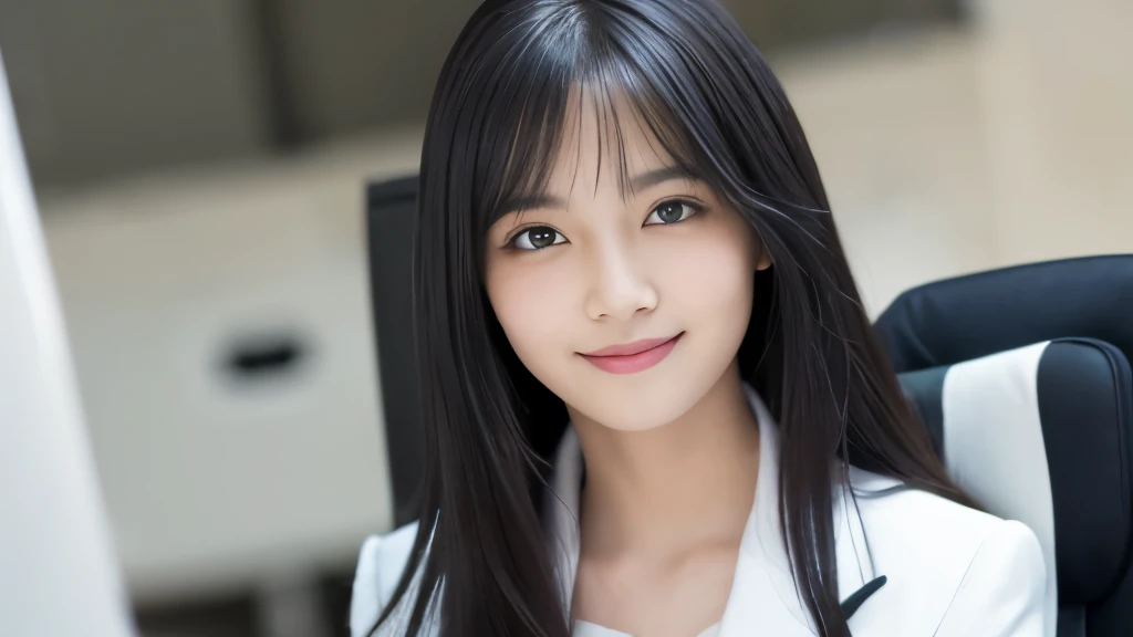 (Realistic: 1.4), (highest quality: 1.4), Ultra-high resolution, (Fine grain),Full body shot,((White background)),((Operating a computer)),looking at computer,Move the character a little to the right,1. Female university student,Black Hair,((suit)),Wide eyes,Blushed face,smile,Highly detailed face and skin texture, Healthy Skin,(Outdoor),8k resolution