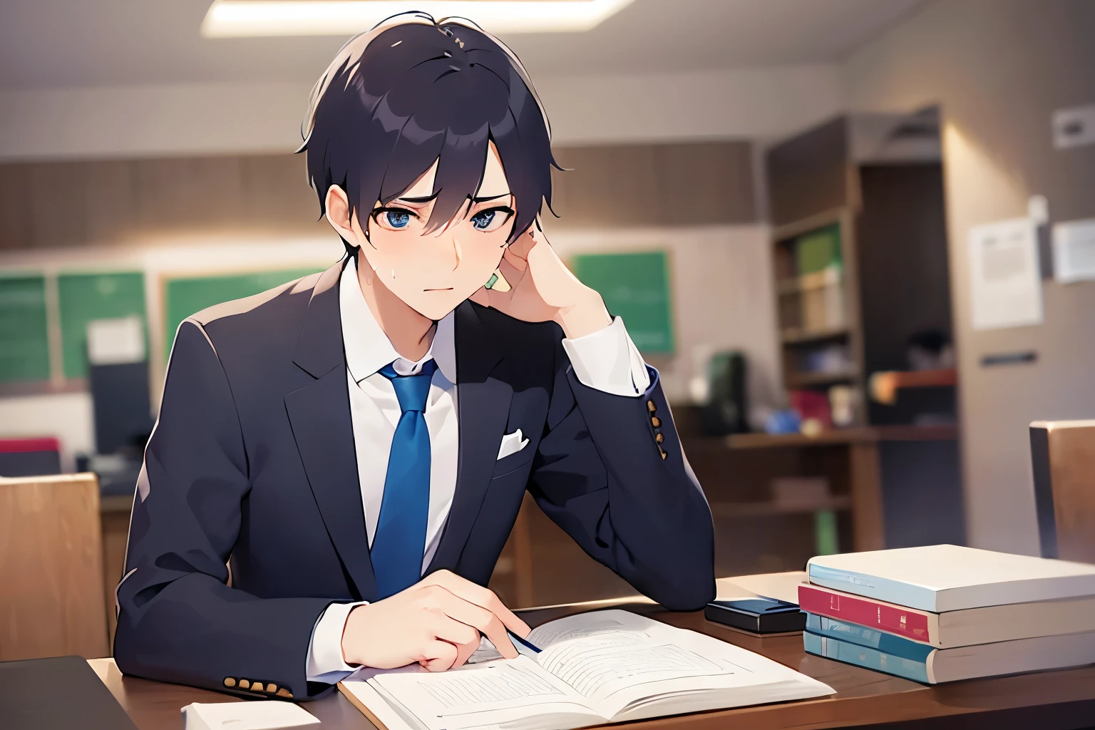 raising hands, Biologically correct five fingers、Upper body, masterpiece、highest quality、Alone、(25-year-old male:1.5) and (Black short hair) and (blue eyes), (business suit:1.5) and (Blue tie)、Sitting、(confused, Sweat:1.5), The background is the office、document、desk