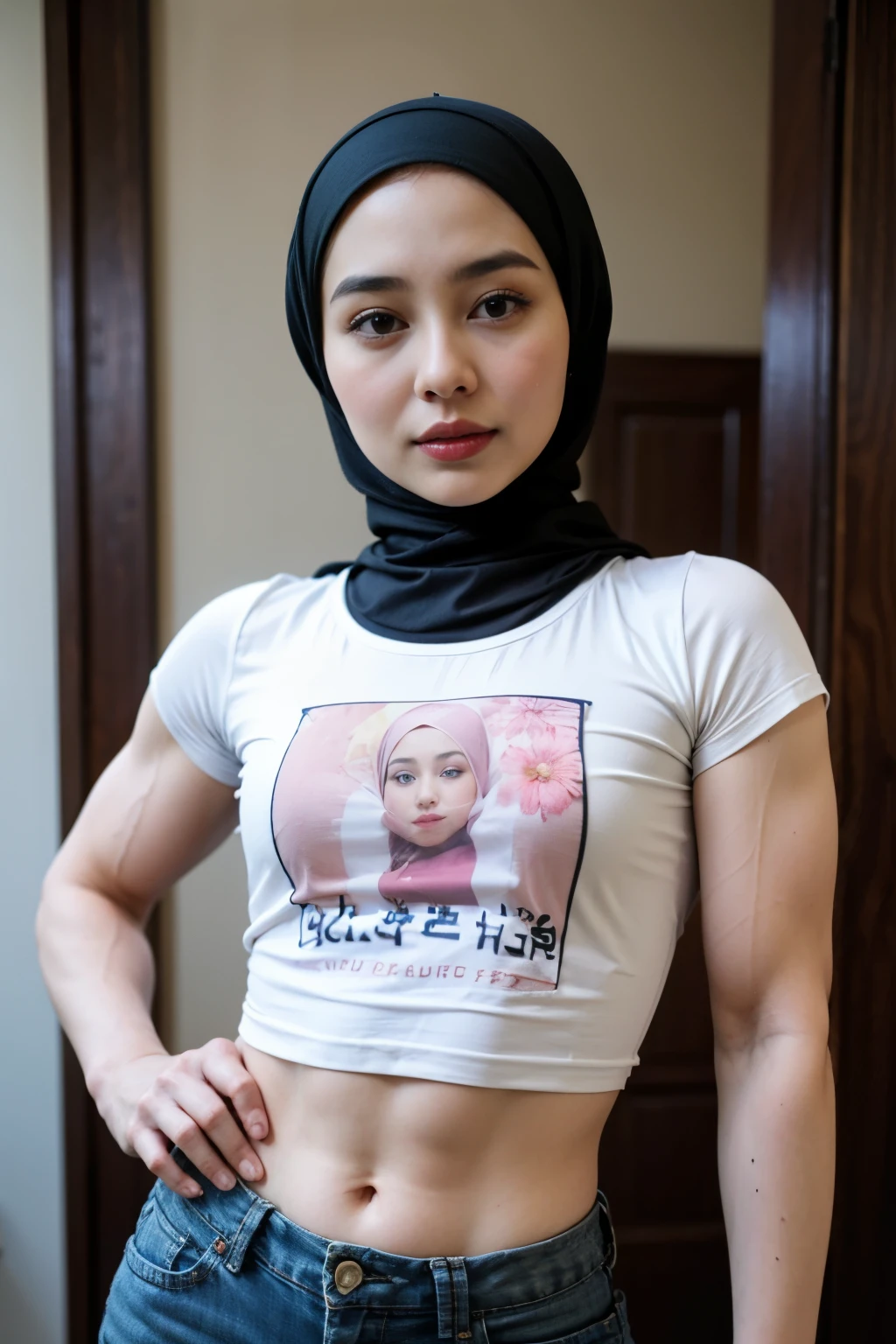 see-through T-shirt, Bodybuilder Naked, (((HIJAB MALAY GIRL))), masutepiece, High quality, UHD 32K, Realistic face, Realistic skin feeling , A Japanese Lady, 8 years old, , Very cute and baby-like face, (((FLAT CHEST))), (MATRIX WORLD), ((look In front  at the camera and SADNESS)), ((())), (((CUTE GIRL))), ((RED LIPS)), ((Floral Pattern)) little Bodybuilder, T-SHIRT