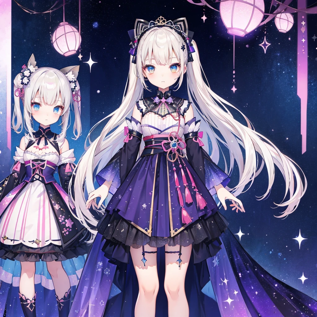 vtuber-fullbody、Star Fairy、「A beautifully printed galaxy patterned kimono and gothic lolita outfit.、Space side box pleat mini skirt、Front full body portrait、Captivating eyes、Perfect and stunning face、Exquisite details、Clear images、highest quality。」