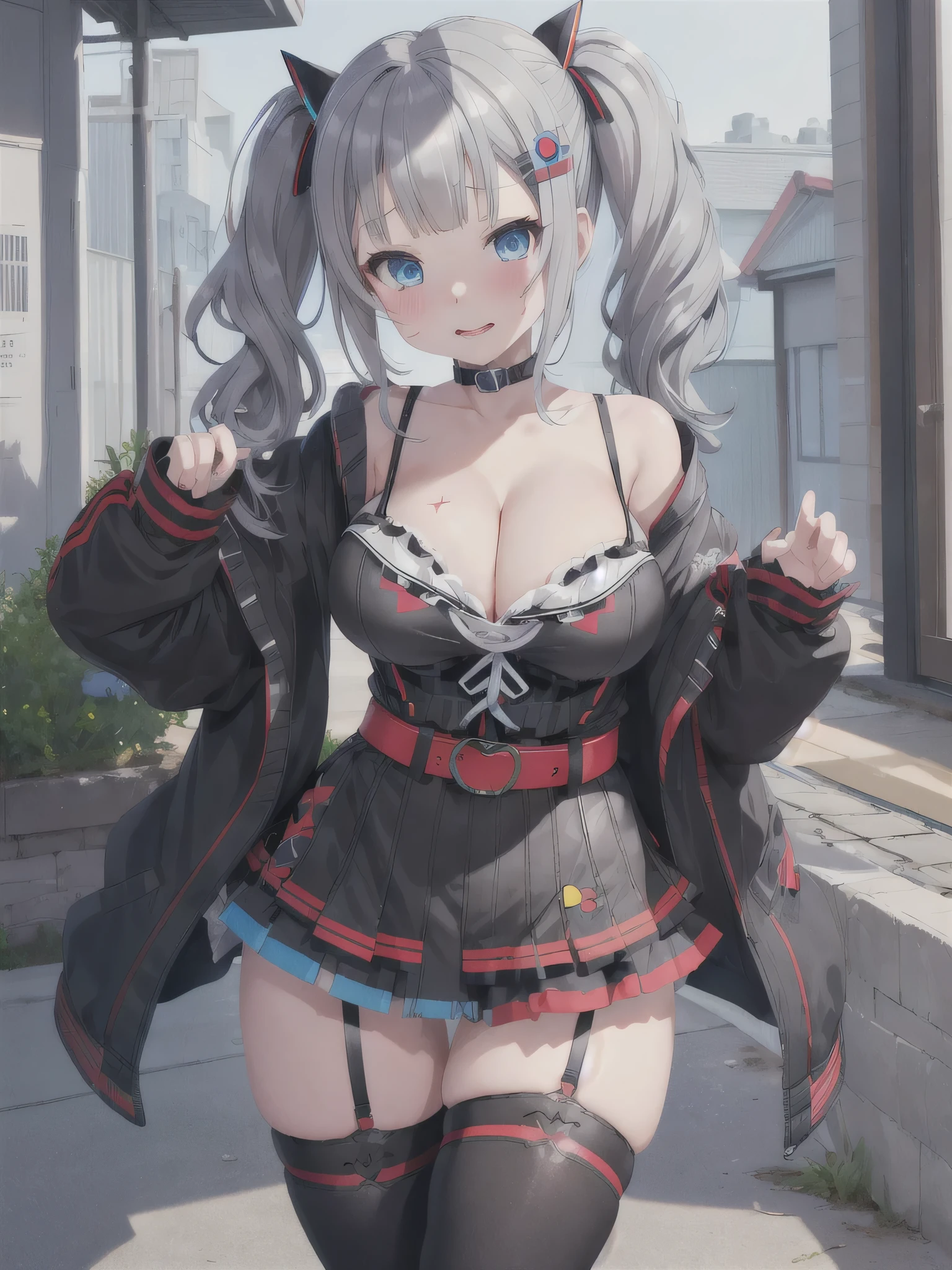 Kaguya Luna、High resolution、Dark color depiction Virtual YouTuber、One Girl、solo, Red knee socks, Short pigtails, blue eyes, hair ornaments, Cleavage、No sleeve、Hair Clip、Gray Hair、Grey Hair、Black clothing、Red belt、blush、Big Breasts、Sexy pose、Naughty gestures