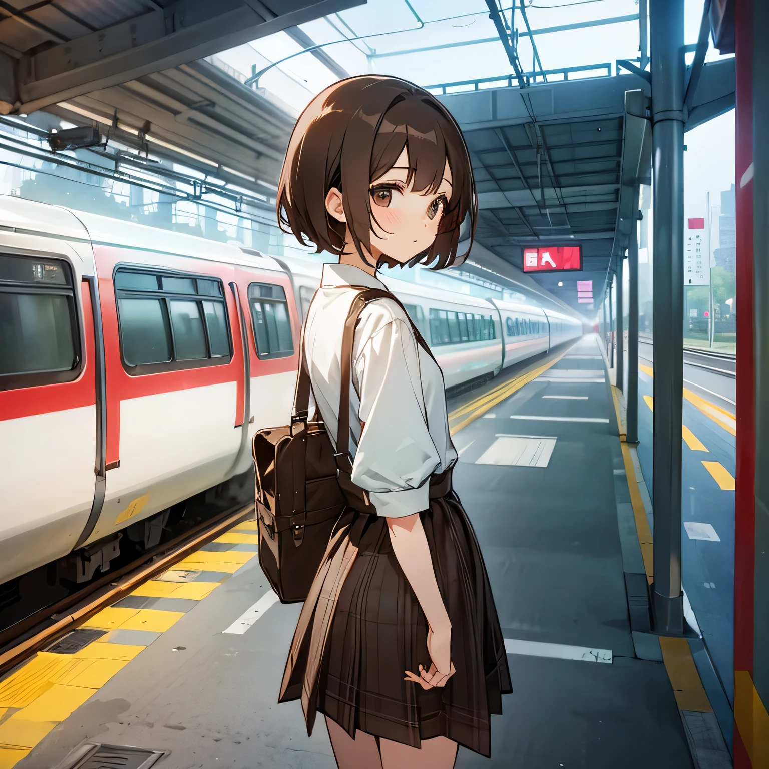 girl、look back、brown hair、short hair、Best、Checked Skirt、Urban station platform、The train runs