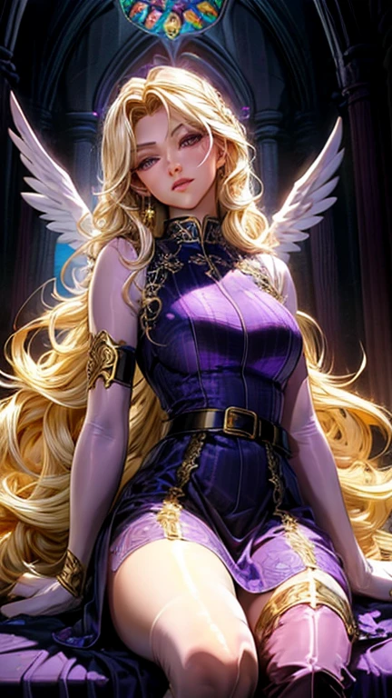 Best quality, 8K,glorious angel, female, beautiful and detailed face, blonde curly long hair,big eyelashes,big angel´s wings,LOOKING TO observer,dark purple dress embroided with gold details,bodystocking,armlets,black belt,over the knee boots,iluminate cathedral scenario, DYNAMIC ANGLE