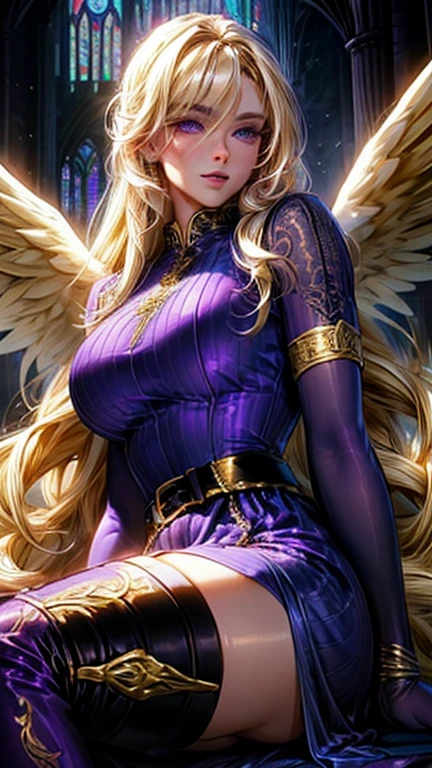 Best quality, 8K,glorious angel, female, beautiful and detailed face, blonde curly long hair,big eyelashes,big angel´s wings,LOOKING TO observer,dark purple dress embroided with gold details,bodystocking,armlets,black belt,over the knee boots,iluminate cathedral scenario, DYNAMIC ANGLE