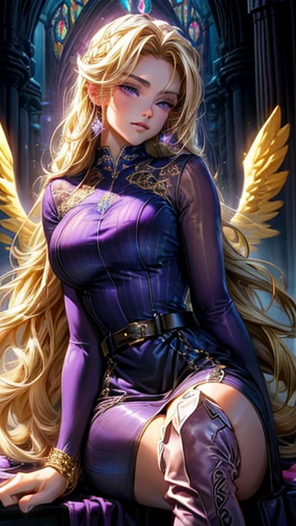 Best quality, 8K,glorious angel, female, beautiful and detailed face, blonde curly long hair,big eyelashes,big angel´s wings,LOOKING TO observer,dark purple dress embroided with gold details,bodystocking,armlets,black belt,over the knee boots,iluminate cathedral scenario, DYNAMIC ANGLE