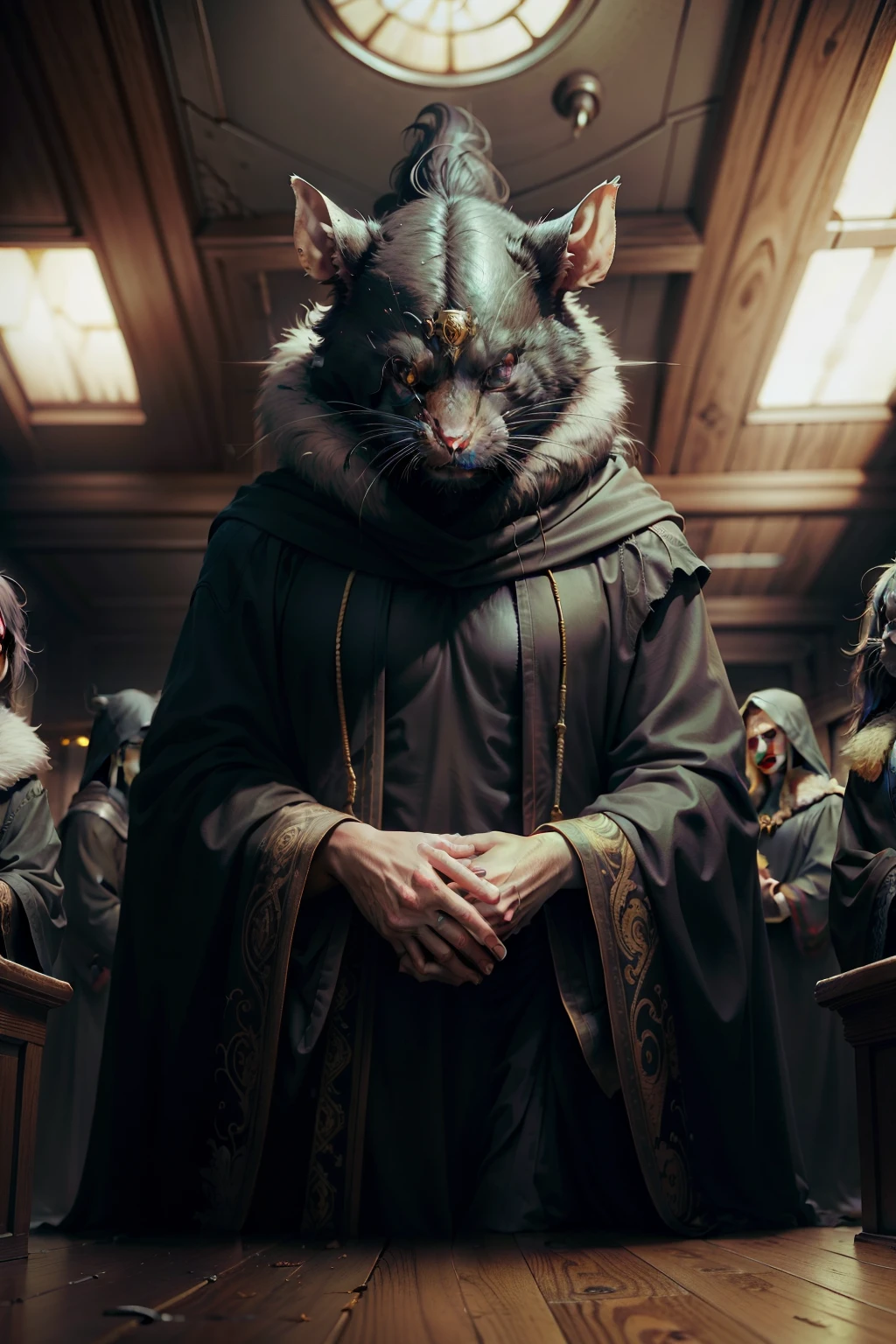 A rat in a black robe sits solemnly in the courtroom, its beady eyes scanning the room with great intensity. The fur on its back is sleek and smooth, blending seamlessly with the form-fitting robe. Its long, bushy tail curls up behind it, twitching slightly as it listens intently to the proceedings. Despite its rodent features, there is an air of authority and seriousness about it, adding an intriguing element to the otherwise mundane courtroom setting.