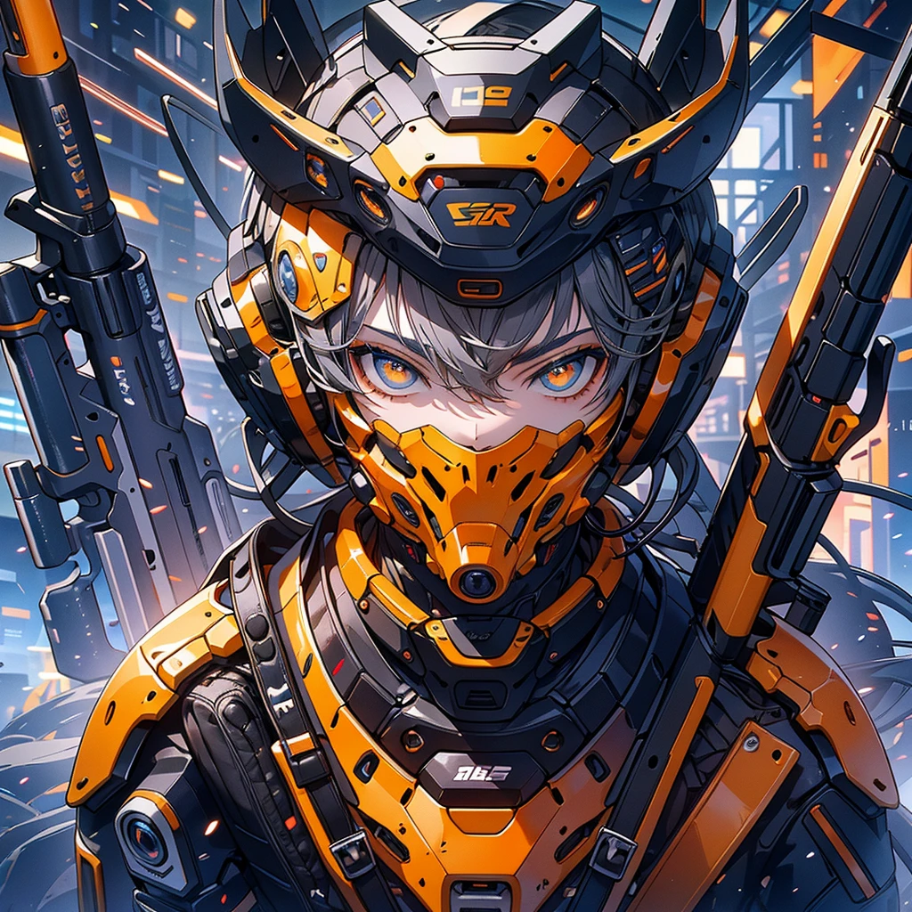 1 teenager、Handsome face、Ultra-detailed eye、Shortcuts、highest quality、Masterpiece、Official Art、8k,Cowboy Shot、A picture facing the viewer、Gray Hair、Blue base with orange highlights、Fluorescent orange headphones、cyber punk、Spacesuit、Laser gun on the back、