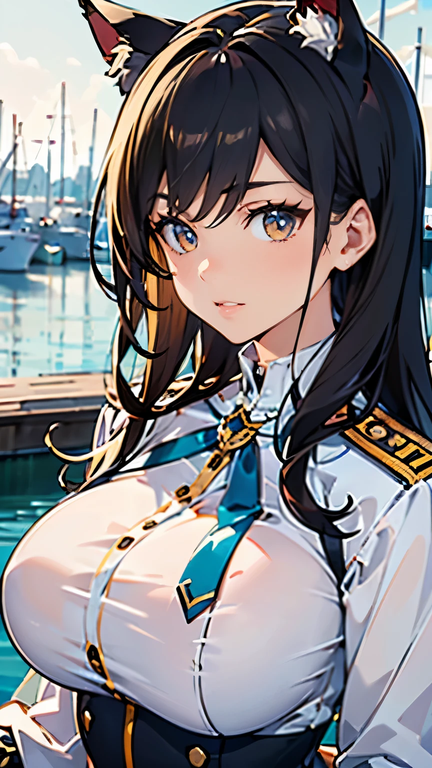 (masterpiece, best quality, RAW photo, intricate details) portrait, closeup, headshot, 1girl / Atago / medium dark hair, amber eyes, cat ears, huge breasts:1.6, ((wearing white admirals uniform)), bokeh, harbour background, blue sky, Azur lane, admiralty, service medals:1.8, epaulettes