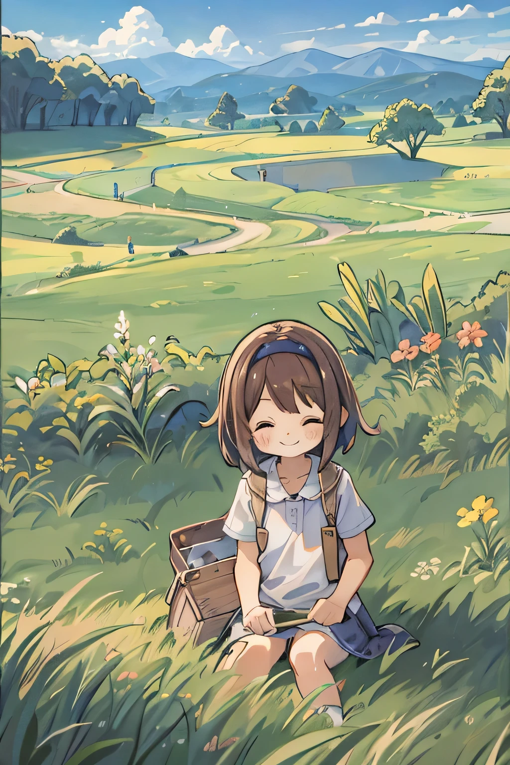 Makoto Shinkai style、cute、8 year old girl、best smile、Chibi, beautiful anime scene, rural scenery, Field Background, beautiful anime scenery, Beautiful peace scene in anime, agriculture、farmer、 Sleep with a happy face on the grass、breeze