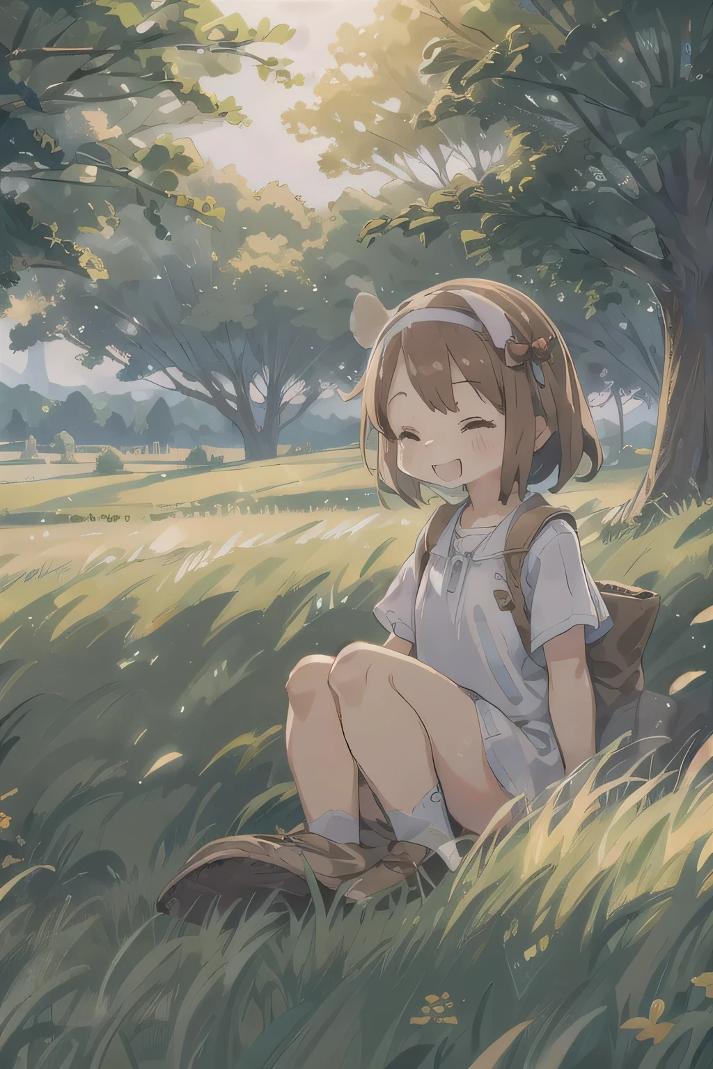 Makoto Shinkai style、cute、8 year old girl、best smile、Chibi, beautiful anime scene, rural scenery, Field Background, beautiful anime scenery, Beautiful peace scene in anime, agriculture、farmer、 Sleep with a happy face on the grass、breeze
