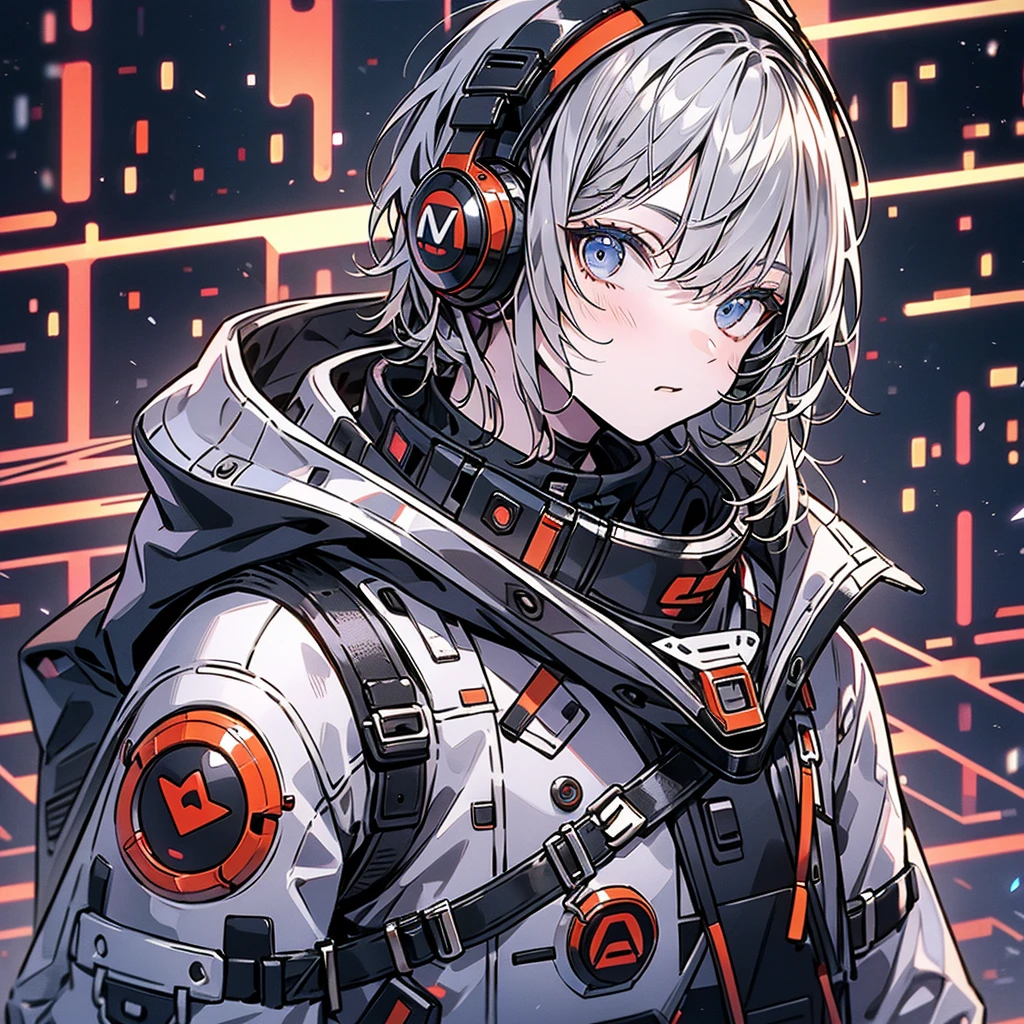 1 teenager、Handsome face、Ultra-detailed eye、Shortcuts、highest quality、Masterpiece、Official Art、8k,Cowboy Shot、A picture facing the viewer、Gray Hair、Blue base with orange highlights、Fluorescent orange headphones、cyber punk、Spacesuit、Laser gun on the back、