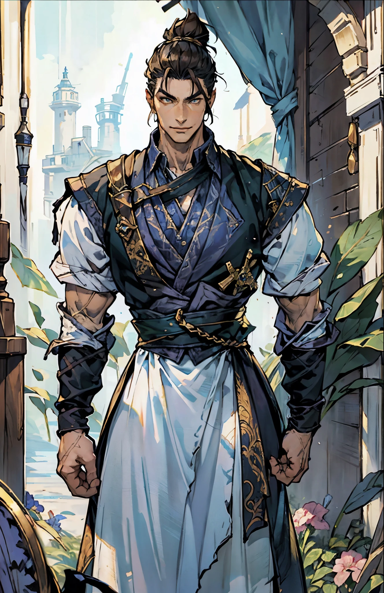 A man with short brown hair slicked back, topknot hairstyle, small center-parted fringe, deep eyes, straight eyebrows, long face, playful smile, a azure blue fantasy-style cloth vest jacket over a long-sleeved white undershirt, a black waistband, coarse cloth trousers the backdrop of a fantasy-style border outpost, this character embodies a finely crafted fantasy martial arts-style outpost worker in anime style, exquisite and mature manga art style, high definition, best quality, highres, ultra-detailed, ultra-fine painting, extremely delicate, professional, perfect body proportions, golden ratio, anatomically correct, symmetrical face, extremely detailed eyes and face, high quality eyes, creativity, RAW photo, UHD, 32k, Natural light, cinematic lighting, masterpiece-anatomy-perfect, masterpiece:1.5