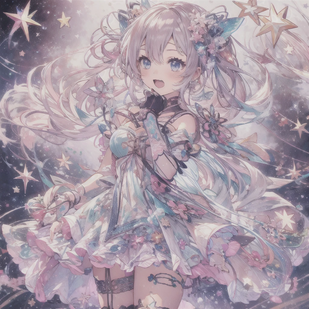 1girl、vtuber-fullbody、Star Fairy、Masterpiece、Official Art、Super detailed、super beautiful、かわいいStar Fairy、white straight short hair、Milky Way、universe、star charm、Star、Baby Face、Knee-high boots、Japanese pattern dress、着物をリメイクしたOiranフリルゴスロリ、universeを表現したMilky Way柄Oiranフリルドレス、Oiran