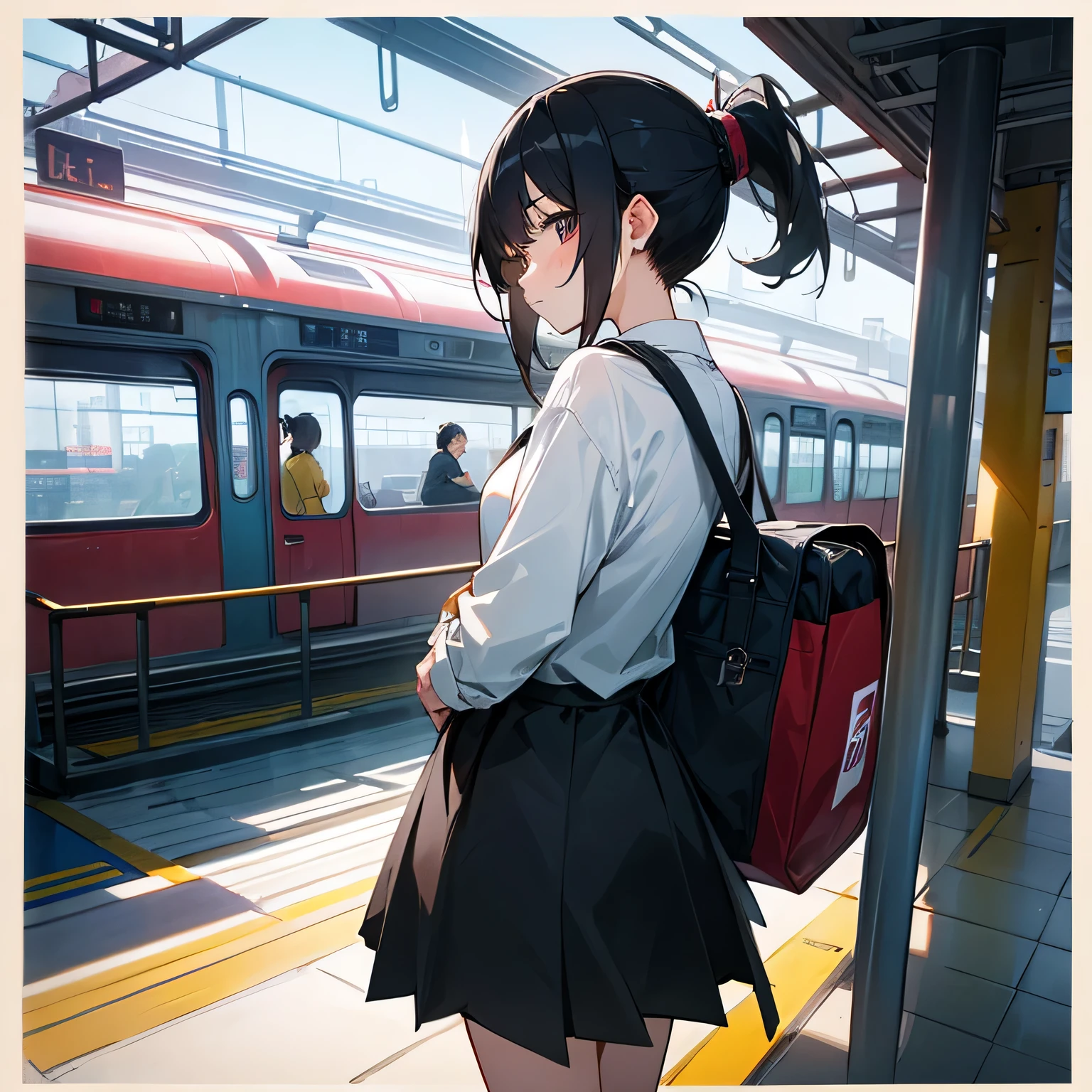 girl、look back、Black Hair、ponytail、Best、Checked Skirt、Urban station platform、The train runs