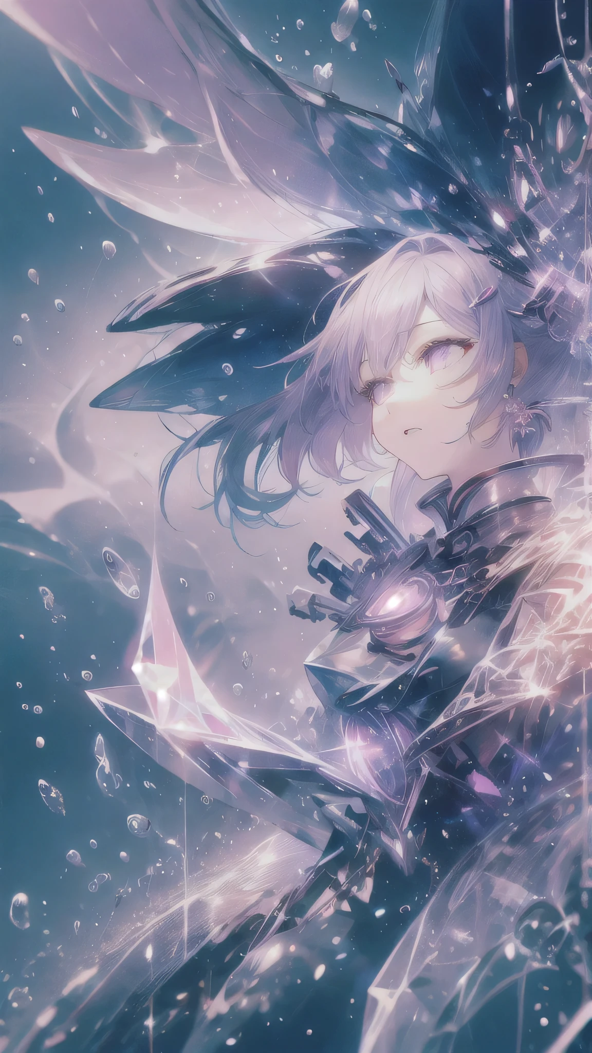 Extreme Detail, perfection, aerial photograph, Like a work of art, Anime girl with ice and snow sword, Her pink hair and long purple skirt complement each other well., Ayaka Genshin gazing into the distance, Leading to the world of Genshin.