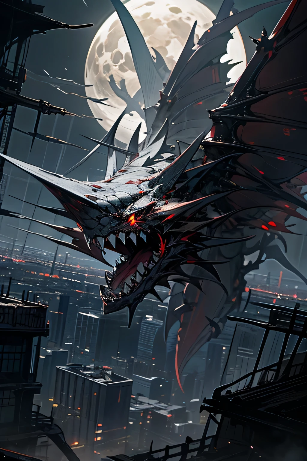 open mouth, red eyes, tail, outdoors, machine wings, horns, night sky, teeth, moonlight, magic circle, no humans, sharp teeth, collapsed building, spikes, city, machine dragon, scales, flying, gigantic weapon, 