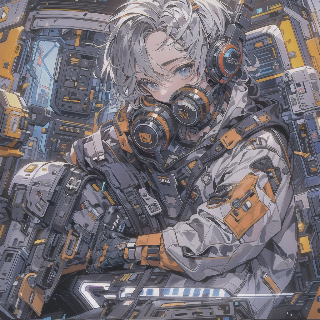 1 teenager、Handsome face、Ultra-detailed eye、Shortcuts、highest quality、Masterpiece、Official Art、8k,Cowboy Shot、A picture facing the viewer、Gray Hair、Blue base with orange highlights、Fluorescent orange headphones、cyber punk、Spacesuit、Laser gun on the back、