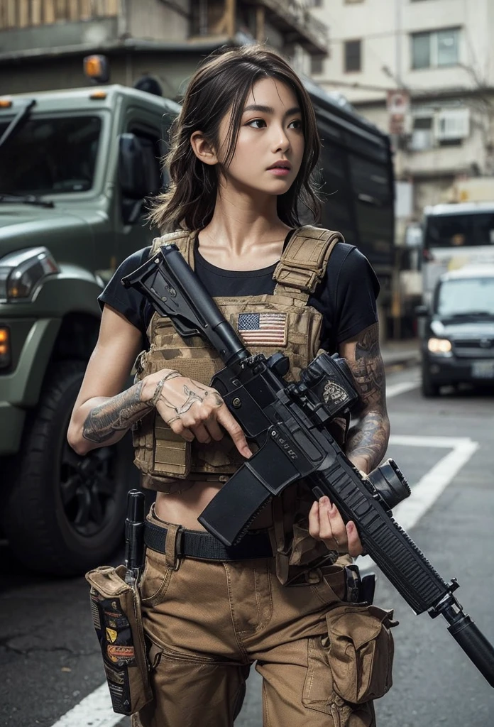 (best quality,realistic,photorealistic,masterpiece:1.2),ultra-detailed,Japanese-American Navy Special Forces with realistic skin texture,outdoor portrait of a girl,
automatic rifle,assault team,mission start,alert,American alleyway,standing in front of a door,gesturing,baseball cap,very short hair,military pants,boots,tattoos,black t-shirt,body armor,well-toned physique,interesting composition,dynamic pose,armored personnel carrier parked nearby