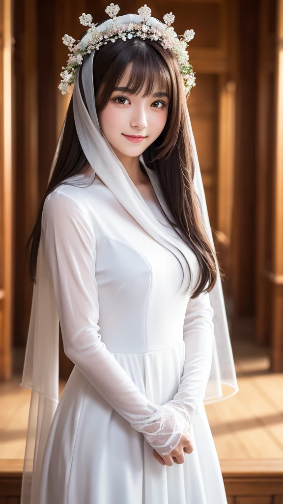 Superb Quality, Masterpiece, High Resolution, 1Girl, Blush, (Seductive Smile: 0.8), Star Pupil, brown eye, 17-years old、normal , perfect body shape ratio, bare face, body goals girl, ideal girl, perfect girl, she's my girlfriend、full body Esbian、perfect ???????, detailed ???????, A dark-haired, cute bangs, long straight dark hair, sweet smile, stunning face, good girl, idol, key of visual, gorgeous face, white veil, perfect veil, white hijab, perfect hijab, white elegant dress, long sleeved white dress, a crown above her head, crown made from sakura flower ((sakura flower crown:2,4)), detailed sakura flower crown, perfect dress, detailed dress, gloves, front view, full body looks, perfect camera, HD quality, high picture quality、inside house environment, 8K UHD, DSLR, Soft Light, High Quality, Volume Lighting, Candid Photo, High Resolution, 4K, 8K, Background Bokeh