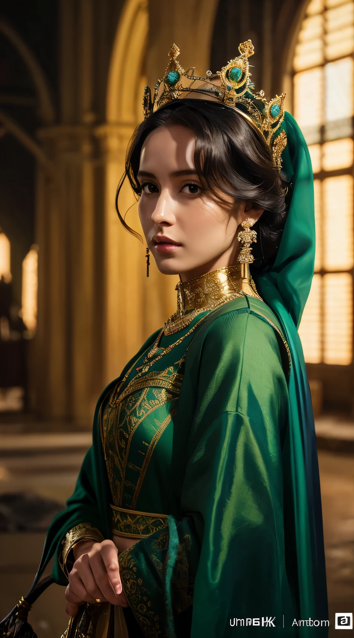 Model shooting style, (Highly detailed CG Unity 8k wallpaper), Full body photos of the most beautiful works of art in the world, medieval queen, Green Veil, Dark Skin, Black women, Gold crown, diamond, Medieval architecture, Professional, majestic oil painting by Ed Blinky, Atey Gailan, Studio Ghibli, Jeremy Mann, Greg Manchess, Antonio Moro, Trending on ArtStation, Trending on CGSociety, Complex, Attention to detail, Sharp focus, dramatic, Photorealistic paintings by Midjourney and Greg Rutkowski
