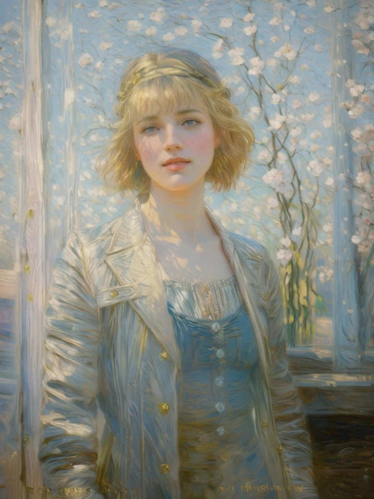 Impressionism, portrait of a 25-year-old girl with long blond hair standing against a cast-iron carved gate, city street, art of Brom, image of an epic fantasy character, portrait of a character, fantasy art, works by Richard Schmid, A. Mucha, Volegov, impressionism