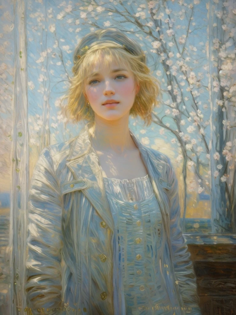 Impressionism, portrait of a 25-year-old girl with long blond hair standing against a cast-iron carved gate, city street, art of Brom, image of an epic fantasy character, portrait of a character, fantasy art, works by Richard Schmid, A. Mucha, Volegov, impressionism