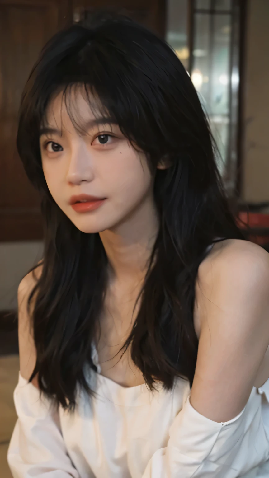 Film Portrait Photography, 1 girl, Bare shoulders,Lipstick，（flat chest：1.4）， Shoulder length wavy hair, serene, calm, (Realistic and Detailed eyes, Natural skin texture, Realistic facial details), Soft dramatic lighting, Depth of Field, Bokeh, vivid details, detailed, Surrealism, 35mm film, hazy, ,