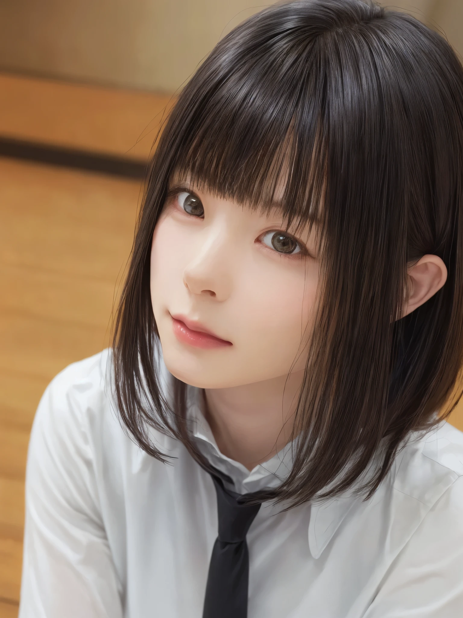 (masterpiece:1.3), (Realistic, RAW Photos, highest quality: 1.4), (One Girl), Beautiful Face, (超Realistic Face、シンメトリーのBeautiful Face), (Black Hair, short hair:1.6、bangs:1.3、Put out your ears、Beautiful long neck), Beautiful hairstyle, (Realistic eyes), Beautiful details, Long eyelashes, (Realistic Skin), Beautiful Skin, [Big Breasts:1.3], (Perfect body:1.3), (Detailed body:1.2), (tie), (Collared shirt, Pleated skirt:1.3), Absurd, charm, Ultra-high resolution, Ultra-realistic, Very detailed, Golden Ratio,Very cute beautiful woman、28 years old