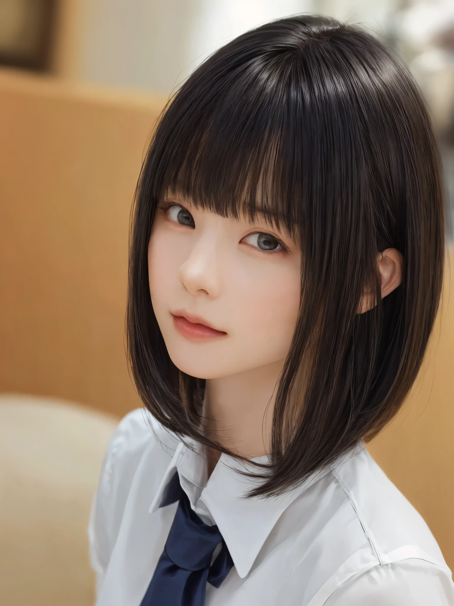 (masterpiece:1.3), (Realistic, RAW Photos, highest quality: 1.4), (One Girl), Beautiful Face, (超Realistic Face、シンメトリーのBeautiful Face), (Black Hair, short hair:1.6、bangs:1.3、Put out your ears、Beautiful long neck), Beautiful hairstyle, (Realistic eyes), Beautiful details, Long eyelashes, (Realistic Skin), Beautiful Skin, [Big Breasts:1.3], (Perfect body:1.3), (Detailed body:1.2), (tie), (Collared shirt, Pleated skirt:1.3), Absurd, charm, Ultra-high resolution, Ultra-realistic, Very detailed, Golden Ratio,Very cute beautiful woman、28 years old