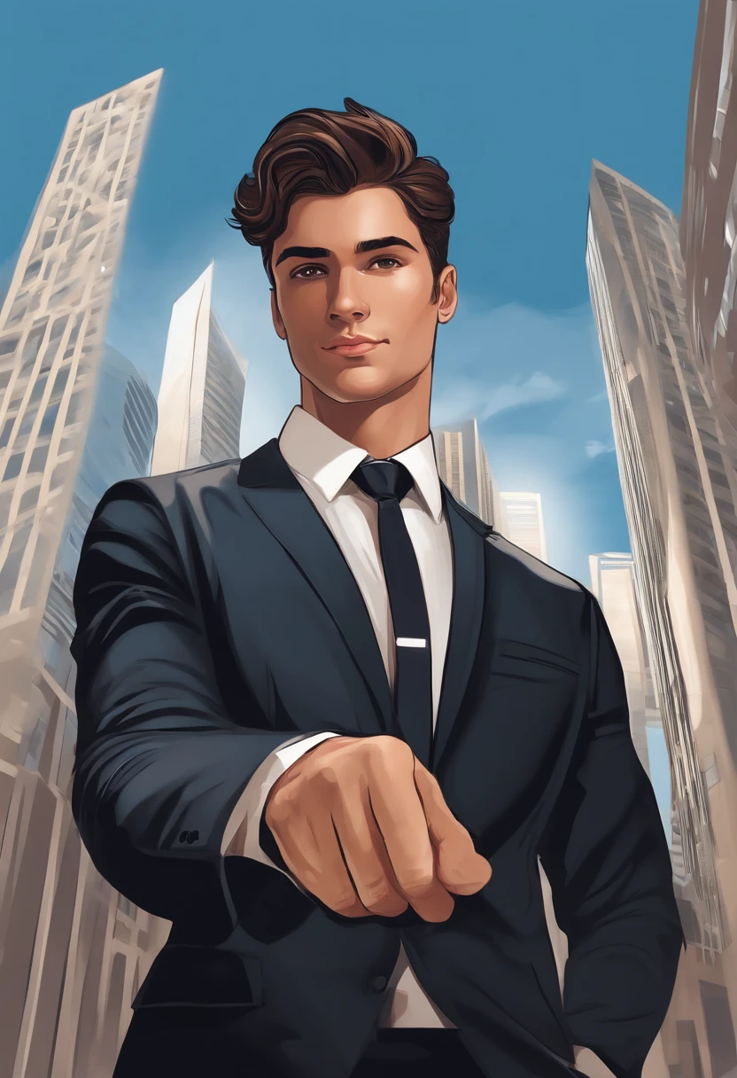 Illustration of a successful young man. The young man appears to be in his early 30s with short black hair and a confident expression. He is dressed in a smart business suit, with a dark jacket and white shirt. The young man is standing in front of a modern, elegant office building, striking a victory pose with one hand raised high, holding a small gold trophy. The background shows modern skyscrapers and a bright blue sky.and nice hand