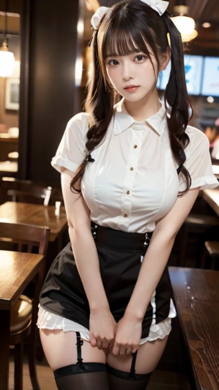 muste piece, best quality, illustration, Super detailed, fine details, High resolution, 8K,wall paper, perfect dynamic composition,(Details High quality, realistic depiction of eyes:1.3), waitress uniform, restaurant, large breasts, twin tail、black hair color, Big Natural Color Lip, bold sexy pose, crying a little、cold gaze, Harajuku style、20 year old girl、cute type、lolita、beautiful legs, gravure idol, Voluptuous thighs