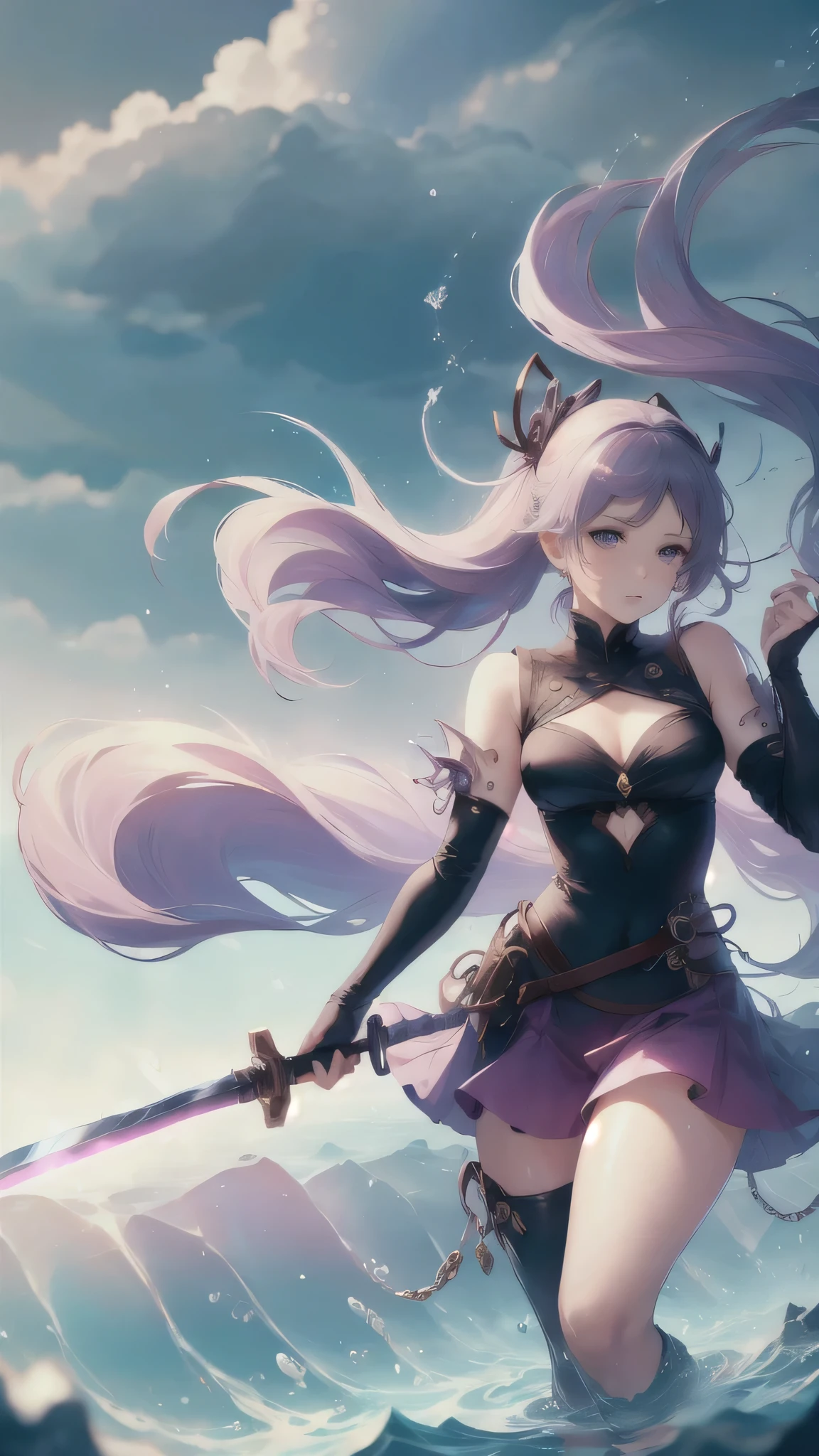 Extreme Detail, perfection, aerial photograph, Like a work of art, Anime girl with ice and snow sword, Her pink hair and long purple skirt complement each other well., Ayaka Genshin gazing into the distance, Leading to the world of Genshin.