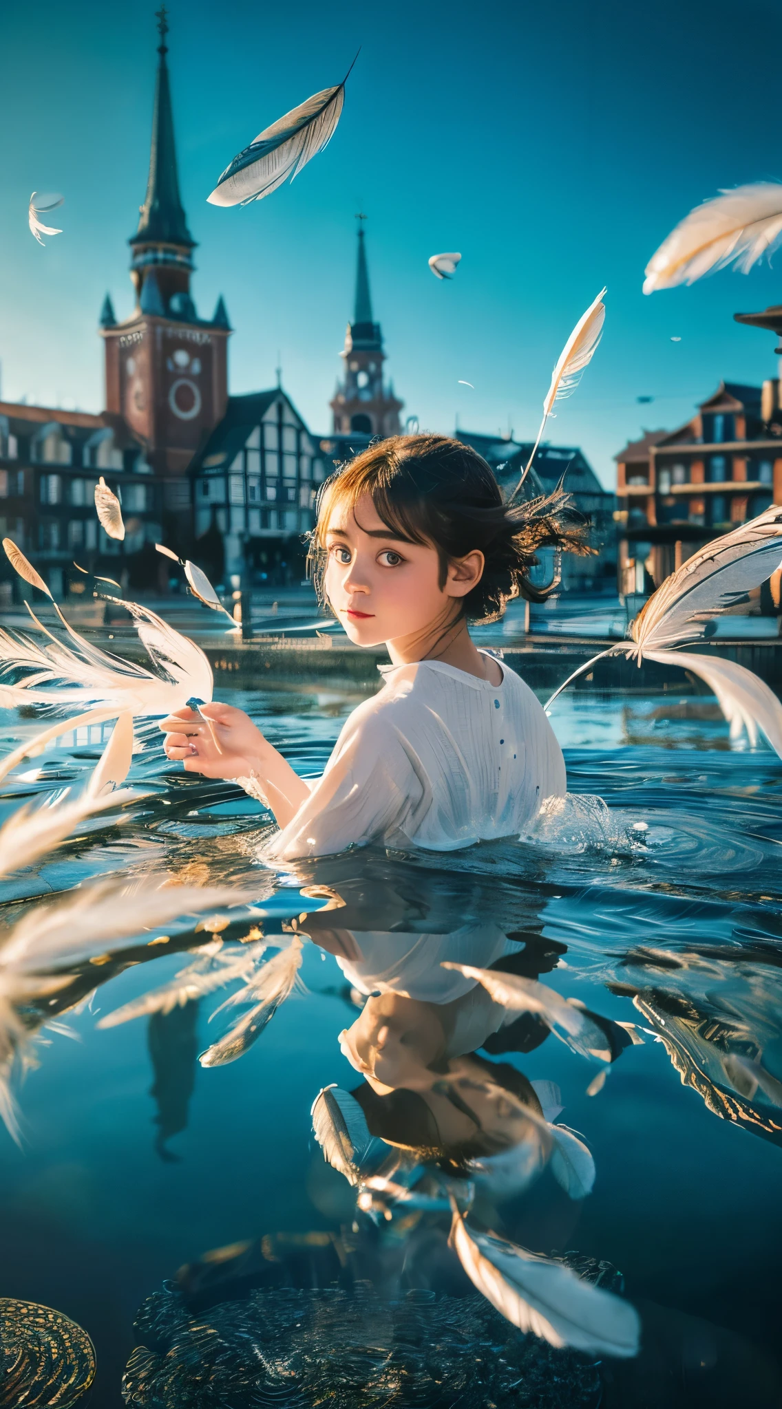 Absurd, High resolution,, (One girl, alone), Big eyes,, townscape,, (water effects, Light effects, fluttering feathers:1.2),