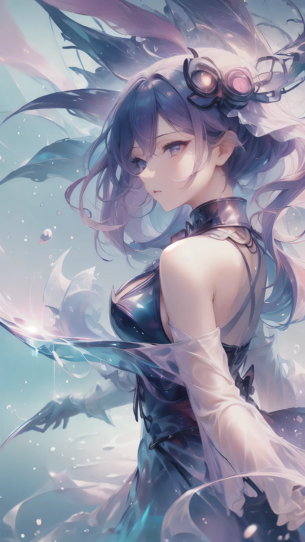 Extreme Detail, perfection, aerial photograph, Like a work of art, Anime girl with ice and snow sword, Her pink hair and long purple skirt complement each other well., Ayaka Genshin gazing into the distance, Leading to the world of Genshin.