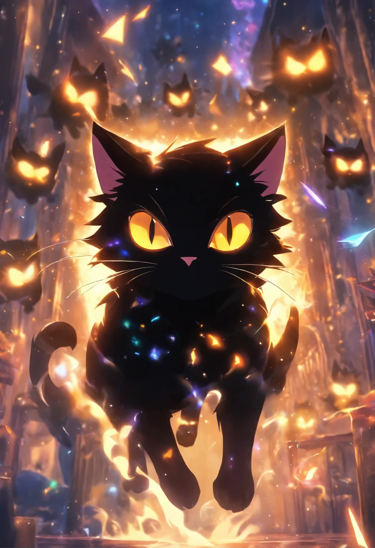 ((magician Black Cat:1.4)), (animal), ((Cat:1.4)), Black tie, Floating magic book, Dressed up as a magician, Dark background, The body of a cat, bright pupils, smug, yellow eyes, outside border, chiaroscuro, Surrealism, UHD, UHD, high details, high quality, best quality, 8k