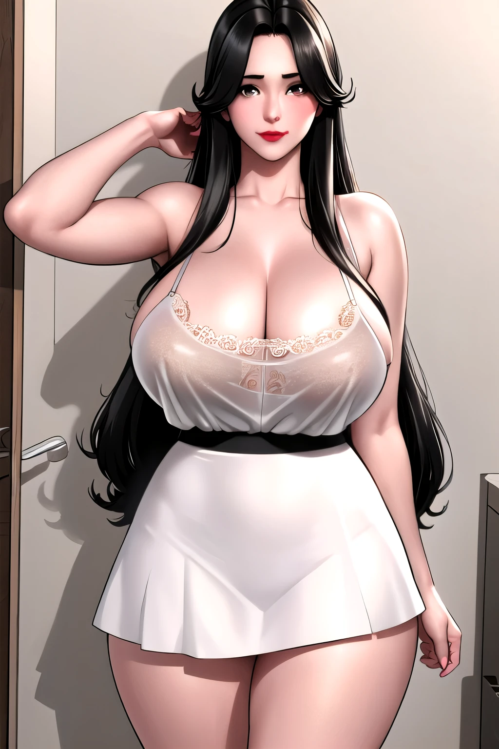 masterpiece:1.5, best quality:1.5, aesthetic, 1girl, solo, sidelocks, ((upper body)), looking at viewer, cinematic lighting, sharp focus, huge breasts, mature female, horny ,16k, glowing eyes, detailed 4k eyes,
playground,seduction,sexy lips, parted lips,detailed lips,
red lips,from below, high detailed background,brown eyes,
meredith,zombie retreat,meredith_zr2_v2,, see through white skirt, photorealistic, 3d,(anime style), big ass thong in tight white long skirt, able to see thong through skirt,
full body, from from above, cowboy shot, long hair, see through long white skirt, white shirt, yellow cardigan, open cardigan, long hair, curvy,collarbone, parted bangs, shirt in skirt,
detailed bathroom,seductive smile, horny face,black hair, beauty spot, nipple outlines, big ass, thick thighs, wide hips, tight thong,
