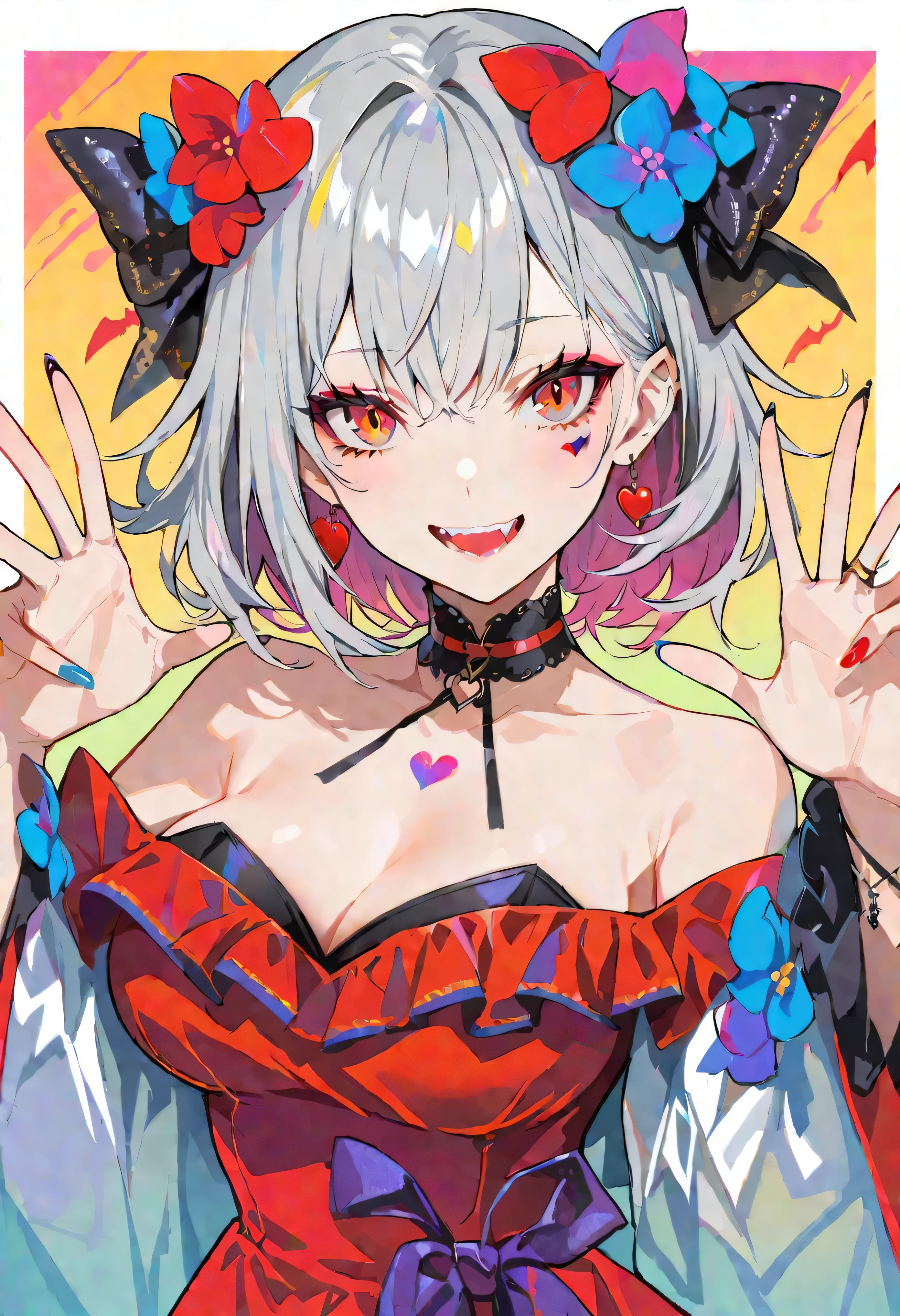 masterpiece, highest quality, gray hair, red eye, vampire, beautiful girl, colorful