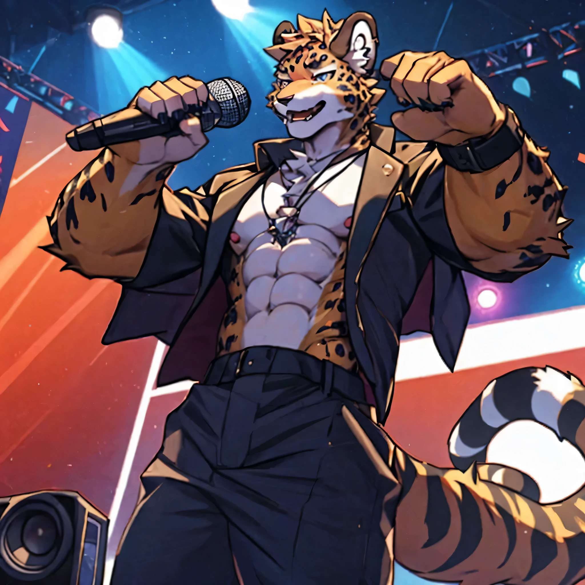 solo, anthro, furry, furry male, hyena, ((fluffy fur, fluffy, furry body)), (hyena print), Green eyes, (brown body, (brown body:1.4)), hyena tail, ((brown hair, hair braid, glowing green highlights)), ((tan muzzle, tan forearms, tan chest, tan belly, skinny muscles)), detailed fluffy fur, detailed face, detailed eyes, detailed teeth, tanktop, full body, microphone, drums, green cargo shorts, cargo shorts, (LED nails, glowing green nails), cyberpunk, concert, stage, lights, glowing bracelets, (by raccoon21, by null-ghost, masterpiece, high quality, hi res, 8k hd), standing, close-view portrait, looking at viewer, night, outdoor, powerful, mouth open, playing drums, holding glowing drumsticks, singing