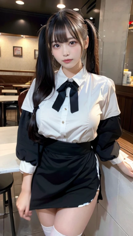 muste piece, best quality, illustration, Super detailed, fine details, High resolution, 8K,wall paper, perfect dynamic composition,(Details High quality, realistic depiction of eyes:1.3), waitress uniform, restaurant, huge breasts, short bob hair、black hair color, Big Natural Color Lip, (perfect body shape), crying a little、cold gaze, Harajuku style、20 year old girl、cute type、lolita、beautiful legs, focus on crotch, full body photo, gravure idol