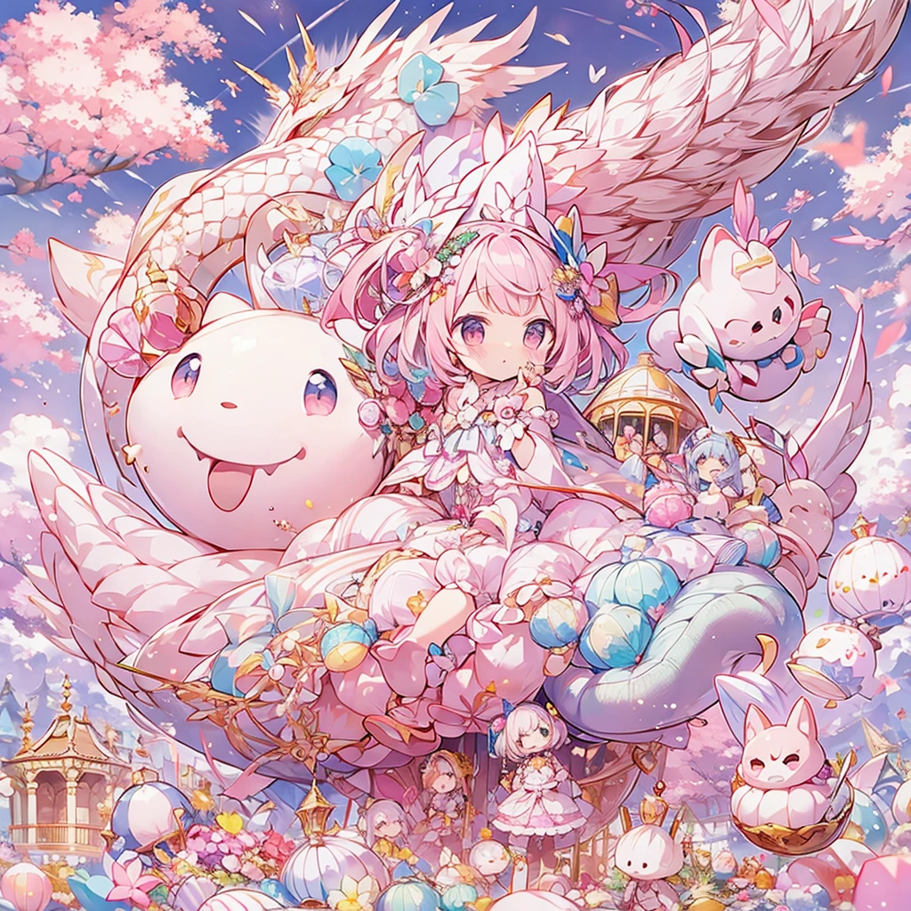 pastel colour、Pink and White Candy House、Chibi sitting astride on a dragon、dancing in the sky、