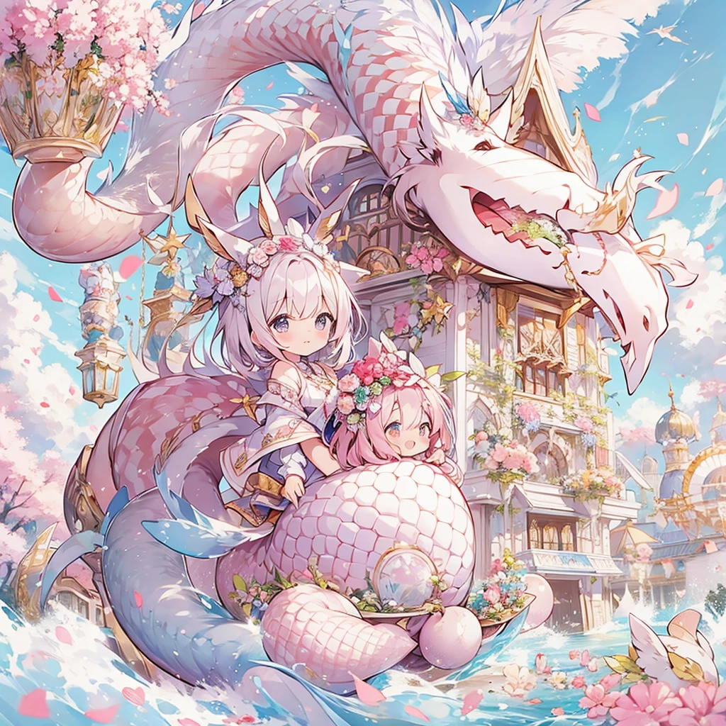 pastel colour、Pink and White Candy House、Chibi sitting astride on a dragon、dancing in the sky、