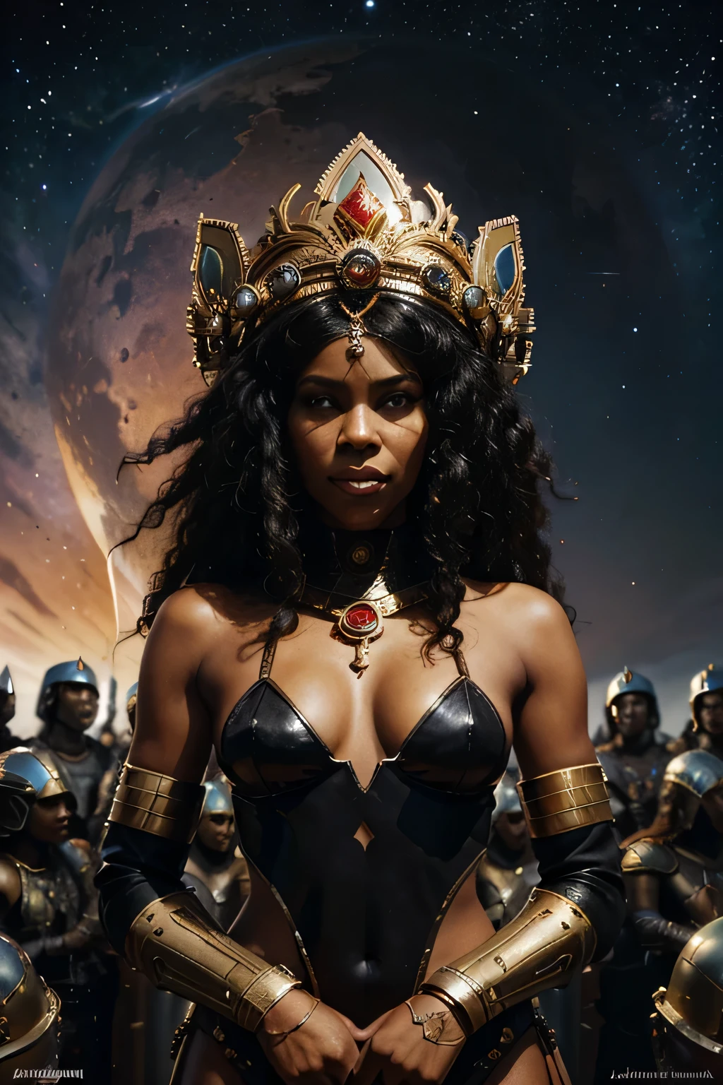 arafed image of a black aboriginal woman with a helmet on surrounded by other people, stephen hickman, beautiful retro art, mars attacks, gilded lotus princess, featured on cgsociety, cosmic apocalypse, persian queen, kirill leonov, by Jason A. Engle, barbarella  