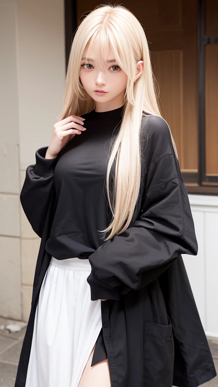 (Medium Chest)、Sexy cute looks and cute 15 year old beautiful girl, Beautiful and sexy face、A strong wind blows my hair in front of my face、Beautiful blonde with cute long straight hair, Sexy eyes hidden behind long bangs,slightly dark skin, height: 156cm,troubled eyes,((Slightly droopy eyes)),(((whole body))),((Beauty Salon)),White long skirt,Oversized black t-shirt,Hair in a loose knot