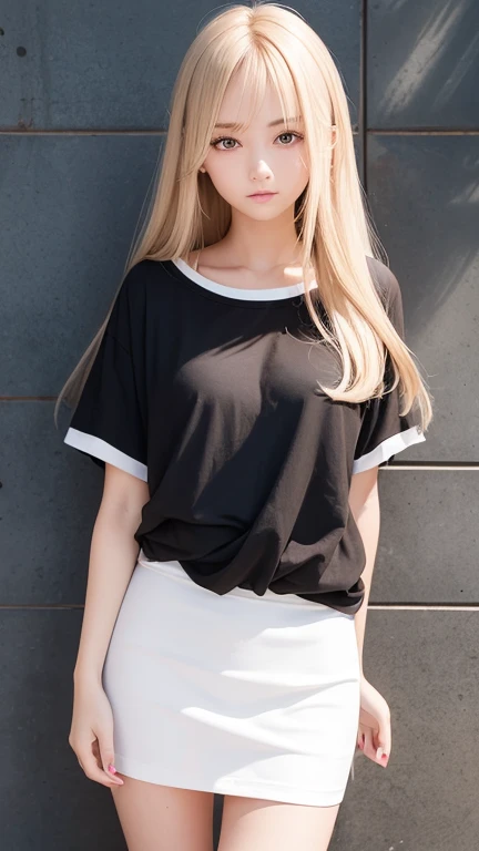 (Medium Chest)、Sexy cute looks and cute 15 year old beautiful girl, Beautiful and sexy face、A strong wind blows my hair in front of my face、Beautiful blonde with cute long straight hair, Sexy eyes hidden behind long bangs,slightly dark skin, height: 156cm,troubled eyes,((Slightly droopy eyes)),(((whole body))),((Beauty Salon)),White long skirt,Oversized black t-shirt,Hair in a loose knot