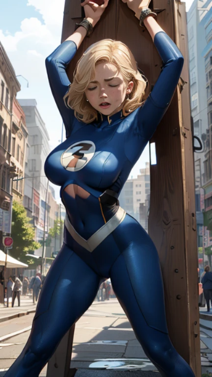 (Highly quality, masterpiece, detailed), city detailed scenario, city detailed background, (x shaped pasting stand), (hands up, spread hands, in stocks pose:1.4), 1girl, Susan Storm, blue eyes, blonde hair, full body blue bodysuit, sleeves, perfect face, big breasts, (shut closed eyes, tears:1.1), sighing