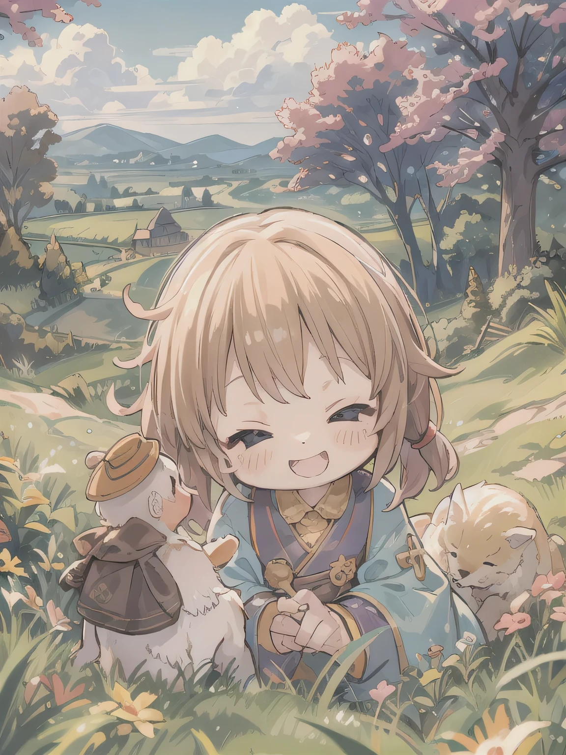 cute、8 year old girl、best smile、Chibi, beautiful anime scene, countryside landscape, Field Background, beautiful anime scenery, Beautiful peace scene in anime, agriculture、farmer、 Sleep with a happy face on the grass、Gentle breeze