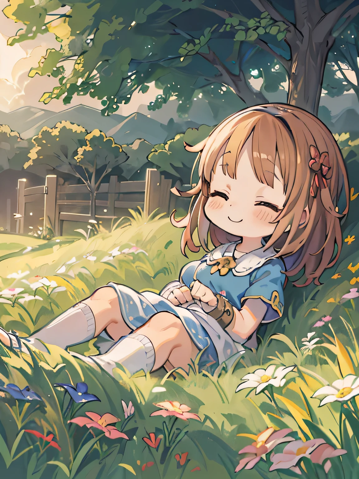 cute、8 year old girl、best smile、Chibi, beautiful anime scene, countryside landscape, Field Background, beautiful anime scenery, Beautiful peace scene in anime, agriculture、farmer、 Sleep with a happy face on the grass、Gentle breeze