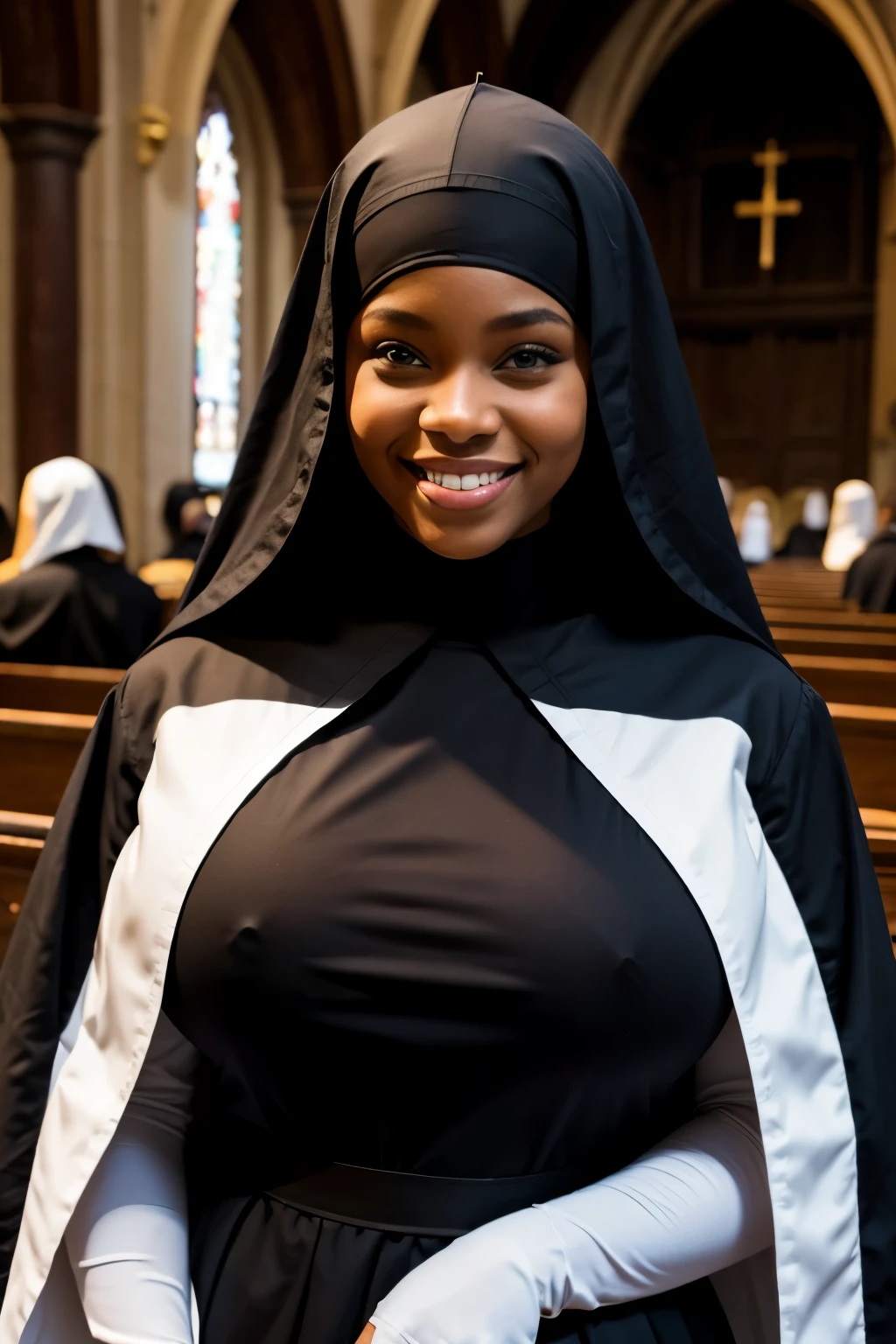 Black women、smile、Nuns、Huge breasts、Plump body、Monastic uniform、inside the church