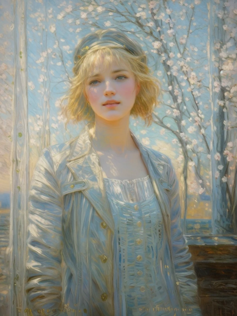Impressionism, portrait of a 25-year-old girl with long blond hair standing against a cast-iron carved gate, city street, art of Brom, image of an epic fantasy character, portrait of a character, fantasy art, works by Richard Schmid, A. Mucha, Volegov, impressionism
