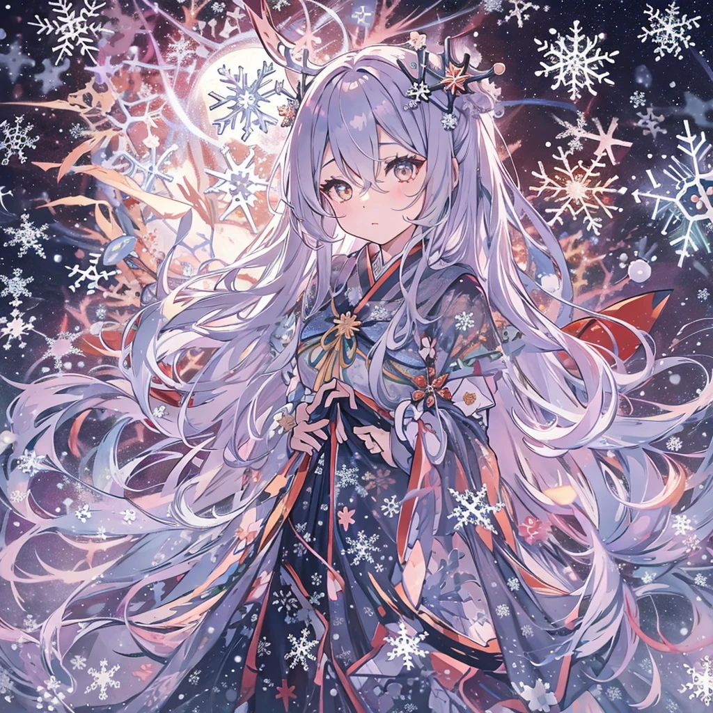 1 Girl、Gothic with Japanese pattern、、(Fractal art of snowflakes surrounding a person:1.5)、(star:1.1) (flower:1.3)、pastel colour、Christmas、Gold Moon、、Gray Hair、universe。Milky Way、Aurora、Red and green light source、Lengthen the sleeves of clothes,、